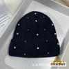Nova Touca de Lã com Forro de Fleece Outono e Inverno Moda Feminina Touca de Lã com Cravejamento de Diamante Touca Fria Quente Touca de Tricô Touca de Puxar
