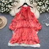 Vestido Estampado de Lujo Ligero de Alta Gama Estilo Europeo y Americano para Mujer, Otoño, Hombros Descubiertos, Mangas Abullonadas, Volantes, Corte Holgado, Largo Medio