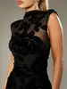 Vestido longo de malha sem mangas com gola alta, best-seller transfronteiriço europeu e americano, com detalhes de rosa flockado, design plissado transparente e um vestido maxi sexy para festa