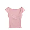 Camiseta Sexy Estilo Puro Deseo de Manga Corta con Cuello Cuadrado y Mangas con Volantes, Top Elástico Ceñidor de Cintura con Decoración de Bolsillo, Ligeramente Transparente y Ligero