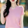 Algodón Puro Cuello en V Manga Corta Mujer Primavera Verano Versátil Corte Ajustado Color Sólido Camiseta Simple Temperamento Capa Base Suministro Directo Mayorista
