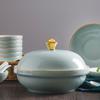 Juego de Platos y Tazones para Uso Doméstico, Vajilla Simple Azul Sombra de Jingdezhen con Tazones y Platos de Cerámica Azul Esmaltado Pintado en Oro, Porcelana de Jingdezhen