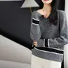 Suéter de punto vintage para mujer, cuello en V, con estampado floral de colores combinados, prenda exterior suelta y casual, nuevo para primavera, 100% lana