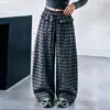 Calça Wide Leg Xadrez Retrô para Meninas 2026 Nova Cintura de Renda Solta Casual Longa para Crianças de Tamanho Médio e Grande Moda Infantil Tendência Cool