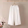 Calças de Verão Finas de Perna Reta para Mulheres, Tamanho Grande com Caimento Solto, Cintura Elástica, Calças Cropped, Calças Casuais de Perna Larga Estilo Mom, Calças de Sarja de Linho com Comprimento 7/8