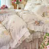 Juego de Cuatro Piezas con Funda Nórdica de Encaje Francés 100% Algodón Clase A Faldón de Cama Acolchado Juego de Cuatro Piezas Estilo Princesa Sarga de Alto Recuento Puro Algodón