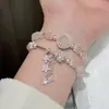 Pulseira Dupla Camada de Quartzo Rosa Natural com Diamantes, Flor de Pessegueiro Estrela e Pingente de Franja para Mulheres, Exquisite e Nobre, Pulseiras de Flor de Pessegueiro Empilháveis