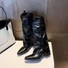 2026 Moda Nueva Botas Altas Hasta la Rodilla de Punta Fina con Tacón Grueso Botas Arrugadas Botas Altas para Mujer Botas para Pantalones Hasta la Rodilla Botas de Tacón Alto para Dama de Cuero