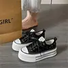 Tênis de Lona com Lantejoulas Branco, Guindaste, Código Quebrado, Sola Grossa, Novo de Verão 2026, Versátil, Casual, Respirável, Sapatos de Plataforma, Aumento de Altura 5cm