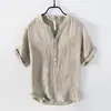 Camiseta de Lino de Manga Corta para Hombre Verano Cuello Casual Polo de Manga Media Vintage Arrugado Top de Algodón y Lino