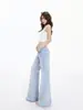 Yechuan # Jeans Flare de Cor Clara Estilo Americano para Mulheres, Verão Cintura Alta Modelagem Solta, Emagrecedor, Não Apertado Perna Reta Comprimento Total.