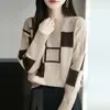 Nuevo suéter corto de punto para mujer de otoño e invierno, con bloques de color transfronterizos, cuello redondo y patrón jacquard, camiseta básica adelgazante