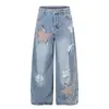 Calça Jeans Lavada com Patch de Estrela Rasgada Americana para Homens e Mulheres 2026 Solta Casual Versátil Reta Estilo de Rua Calça Longa