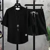 Waffles de Verão Calça de Manga Curta Conjunto de Duas Peças Casual Camisa de Cinco Pontos Masculino Tamanho Grande Gordo Cor Sólida Solto Terno Masculino