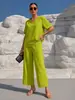 Conjunto de Verano para Mujer de Color Sólido Casual con Cuello en V y Manga Corta, y Pantalones Anchos Acortados - Cruzado Europeo y Americano Amazon Tk