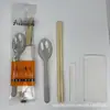 Conjunto de Talheres e Hashis Descartáveis de Quatro Peças, Hashis de Bambu Dividido Carbonizado, Colher Estilo Americano de Grau Alimentício, Acabamento Fosco, para Delivery e Embalagem