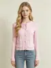 Cárdigan de Punto Rosa con Cordones Transfronterizo para Mujer, Nuevo Estilo Primavera y Otoño, Estilo Suave, Prendas Exteriores Cortas de Manga Larga de un Solo Botón, Top Delgado