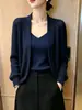Cardigan de Tricô Azul Marinho Outono 2026 Feminino Estilo Preguiçoso Solto Gola V Sem Botão Suéter Emagrecedor Peça de Roupa Externa