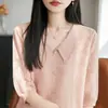 Top de punto elegante estilo Chanel con cuello de muñeca de jacquard con cuentas, manga corta, para mujer, camiseta fina rosa de manga corta