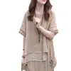 Nuevo Conjunto de Algodón y Lino Estilo Vintage para Mujer, Nuevo Estilo Étnico Verano 2026, Corte Holgado, Adelgazante, Oculta el Vientre, Elegante Conjunto de Dos Piezas