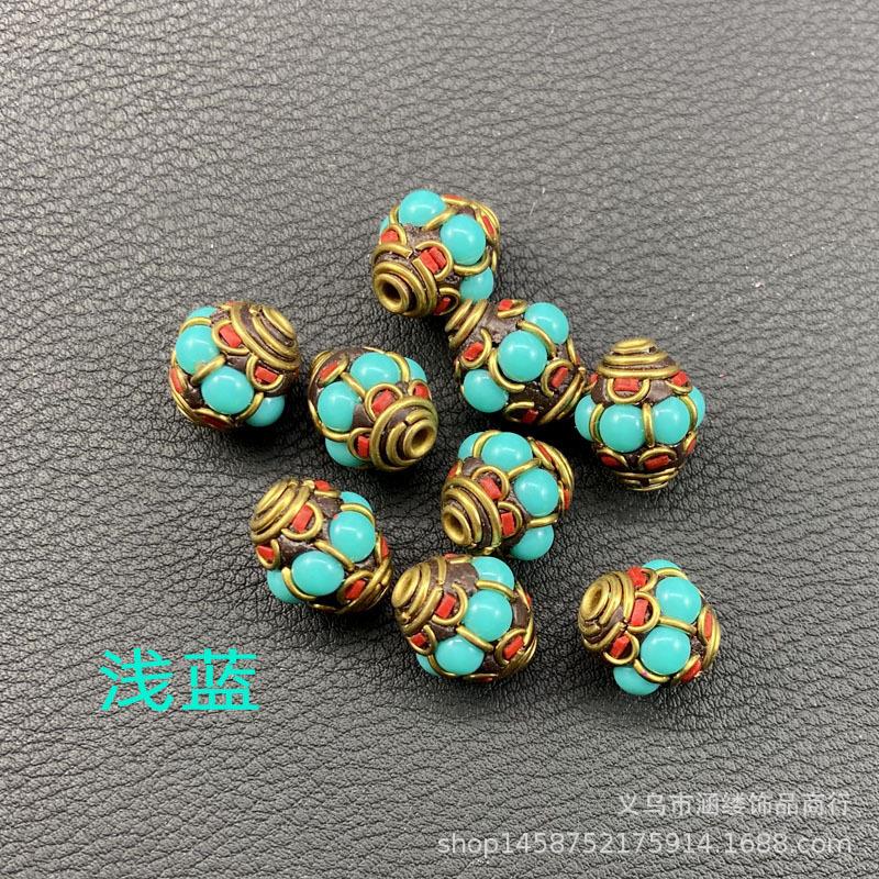 DIY饰品配件批发尼泊尔灯笼铜珠手工镶嵌蓝绿红松石藏饰隔珠散