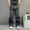 Calça de Trabalho Lavada Preto-Cinza Resistente ao Desgaste Retro Americana para Homens Outono Solta de Perna Reta Comprimento do Chão Calça Casual Tendência
