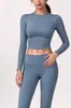 Mingda Top Cropped Manga Longa para Abdômen Revelar Cintura Gola Redonda Roupa Fitness Casaco Emagrecedor Camiseta de Treino Yoga