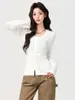 Cardigan de Tricô com Renda Vazada e Cadarço, Botão Único, Inspirado em Design, para Mulheres, Novo para Outono 2026, Slim Fit, Camada Interna