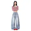 Primavera 2026 Nuevo Estilo Retro Americano Azul Lavado Diseño de Costura Lateral Jeans Tridimensionales para Mujer Pantalones Anchos Holgados