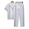Conjunto Casual Geométrico Rayado para Hombre Verano Estilo Resort Europeo Americano Camisa de Manga Corta Pantalones de Pierna Recta Conjunto de Dos Piezas