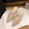 Sandálias Fechadas Novo Estilo 2025 para Mulheres, Verão Bico Fino Estilo Coreano Elegantes Salto Alto Salto Bloco Sapatos de Casamento e Chinelos