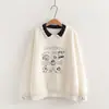0123 Suéter dulce de estilo universitario japonés con bloques de color de dibujos animados, bordado de gato y cuello de lana para mujer, top de manga larga