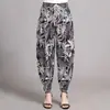 Nuevo Estilo Verano Pantalones de Seda de Hielo con Puño Elástico y Flores Pantalones Acampanados Elásticos para Mamá Pantalones de Verano Florales para Mujeres de Mediana Edad