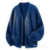 Cárdigan Retro Grueso de Punto Pesado para Hombre Otoño Invierno Holgado Cuello en V de un Solo Botón Abrigo Suéter Top para Hombre