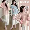 Nuevo Conjunto de Maternidad de Verano: Pantalones Cropped de Pierna Recta y Top Babydoll Bordado Adelgazante, Conjunto de Dos Piezas para Mujeres Embarazadas