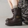 Botas de Piel de Vaca Cómodas con Plataforma para Personas Bajitas 2025 con Tacones Gruesos Altos, Hebilla de Cinturón, Punta Redonda, Botas de Cuero Genuino de Media Pantorrilla