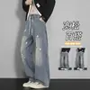 Jeans Denim com Estampa Splash de Primavera 2026 para Homens, Calça Masculina Versátil de Corte Reto Tamanho Plus HKN936