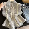 Chaleco de punto con ribete de encaje para mujer, nuevo estilo primavera y otoño, chaleco corto de capas, top sin mangas para mujer