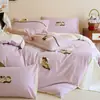 Juego de Cuatro Piezas Bordado de Dibujos Animados Clase A 100% Algodón Cepillado Funda Nórdica de Algodón Puro Sábana Bajera Ropa de Cama para Niños