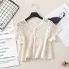 Estilo coreano novo verão lapela única decote V estilo ocidental renda vazada moda manga curta cardigã casaco curto top vazado