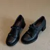 Versão em Couro~Estilo Retrô Francês Bico Redondo Laço Salto Bloco Mocassins para Mulheres, Sapatilhas Fashion Versáteis, Sapatos Pequenos de Couro para Mulheres