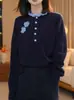 Suéter de Tricô Elegante e Emagrecedor com Gola de Renda Franzida Floral Tridimensional, Meia-Botão, Manga Longa para Mulheres, Outono e Inverno