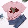 Casal Europeu e Americano Cross-border Dia dos Namorados Solid Color Short-sleeved Stitching Plaid Leopard Love Printed Round Neck T-shirt Casual