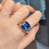 Anillo Abierto Cuadrado Artdeco de Diamante de Alto Carbono Zafiro Azul Real Anillo de Cristal Azul Puntiagudo de Lujo Ligero de Alta Gama para Mujer