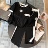 Xiaoxiang Estilo Terno 2024 Primavera e Outono Nova Camélia Contraste Estilo Ocidental Casual Manga Curta Top Calças de Perna Larga Conjunto de Duas Peças
