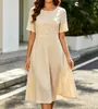 En stock 2026 nuevo vestido de trabajo elegante de cuello redondo, manga corta, abotonado, que ciñe la cintura, línea A, transfronterizo europeo y americano, comercio exterior