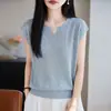 Camiseta de Punto Fina de Seda Hielo para Mujer, Camiseta de Manga Corta, Top V-Neck Único y Elegante para Verano, Moderno Diseño Hueco