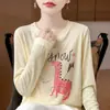 2025 Outono Inicial Nova Malha Worsted Gola Redonda Manga Longa Feminina Estampa Animal Pulôver Solto Camisa Base Top