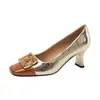 Zapatos de Tacón Alto de Gama para Primavera y Otoño, Nuevo Estilo Europeo y Americano, Bloques de Color, Punta Cuadrada, Tacones de Aguja con Pedrería, Zapatos de Salón sin Cierre de Boca Baja para Mujer