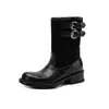 Botas de tornozelo estilo western super estilosas em cor Maillard color block, bico redondo, salto grosso de 4 cm, detalhe de fivela de cinto elegante, design exclusivo em patchwork